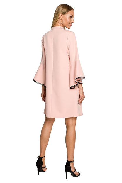 Rear view of Moe Women's A-Line Daydress with Ruffled Sleeves and Ribbon Detail in soft pink, featuring a sophisticated silhouette and exquisite ruffled sleeves, ideal for elegant daytime wear.