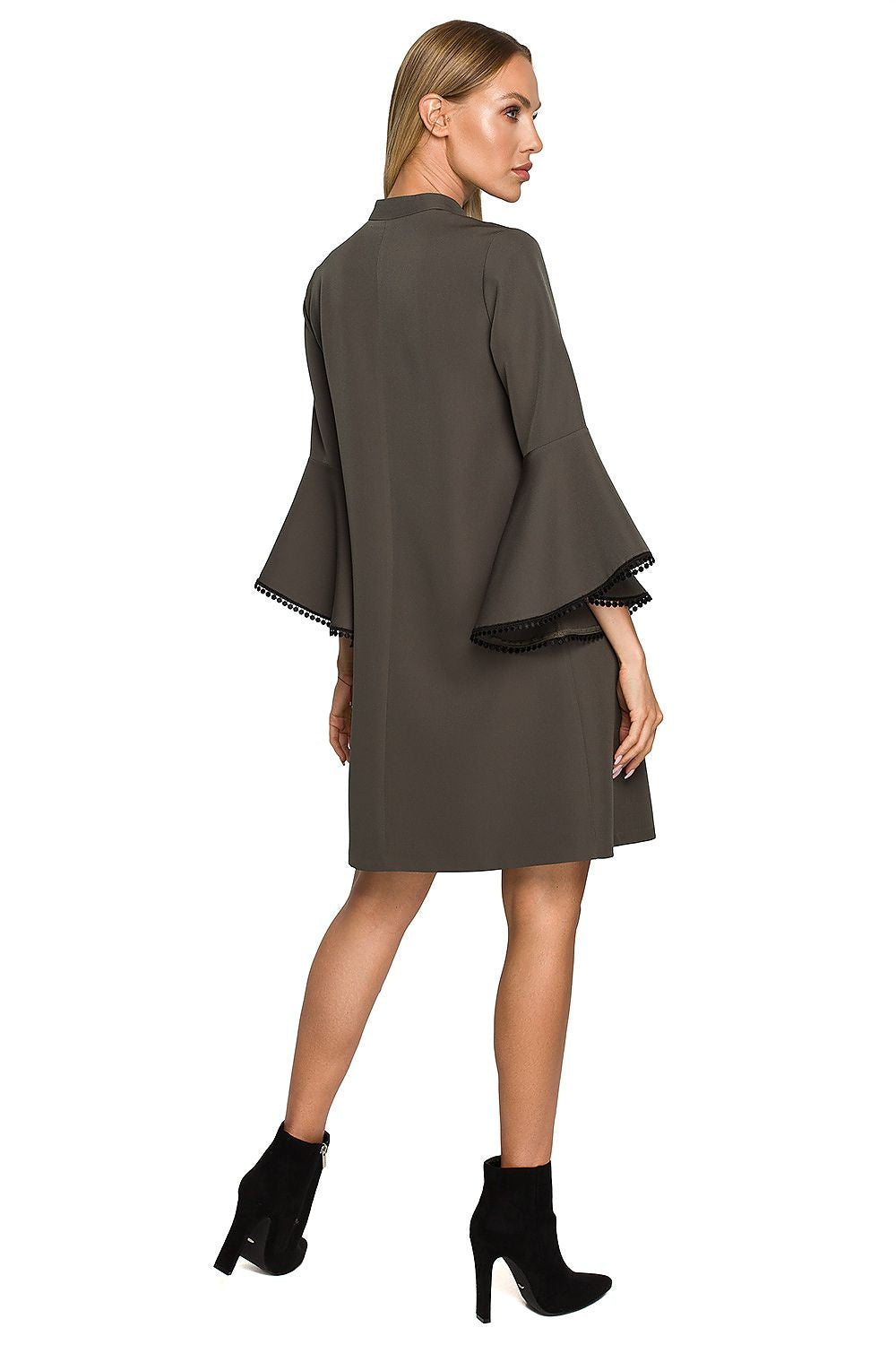 Back view of Moe Women's A-Line Daydress with Ruffled Sleeves and Ribbon Detail in dark green, highlighting its luxurious design and flattering A-line cut, perfect for stylish occasions.