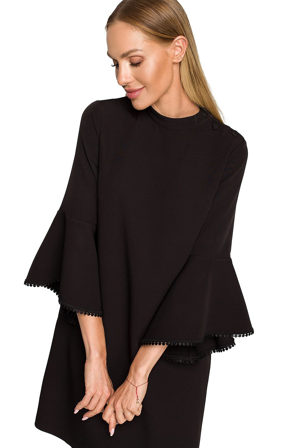 Close-up of the fabric and detailing of Moe Women's A-Line Daydress with Ruffled Sleeves and Ribbon Detail in classic black, showcasing the fine craftsmanship and elegant design elements of this luxurious dress.