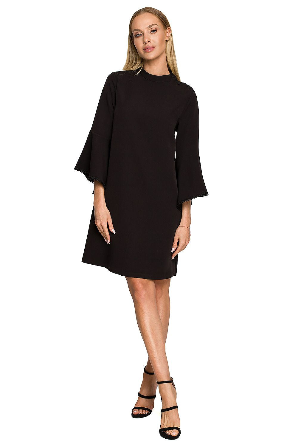 Moe Women's A-Line Daydress with Ruffled Sleeves and Ribbon Detail, elegantly styled in black, showcasing a model from the front, exuding charm and sophistication, available in sizes S to XXL.