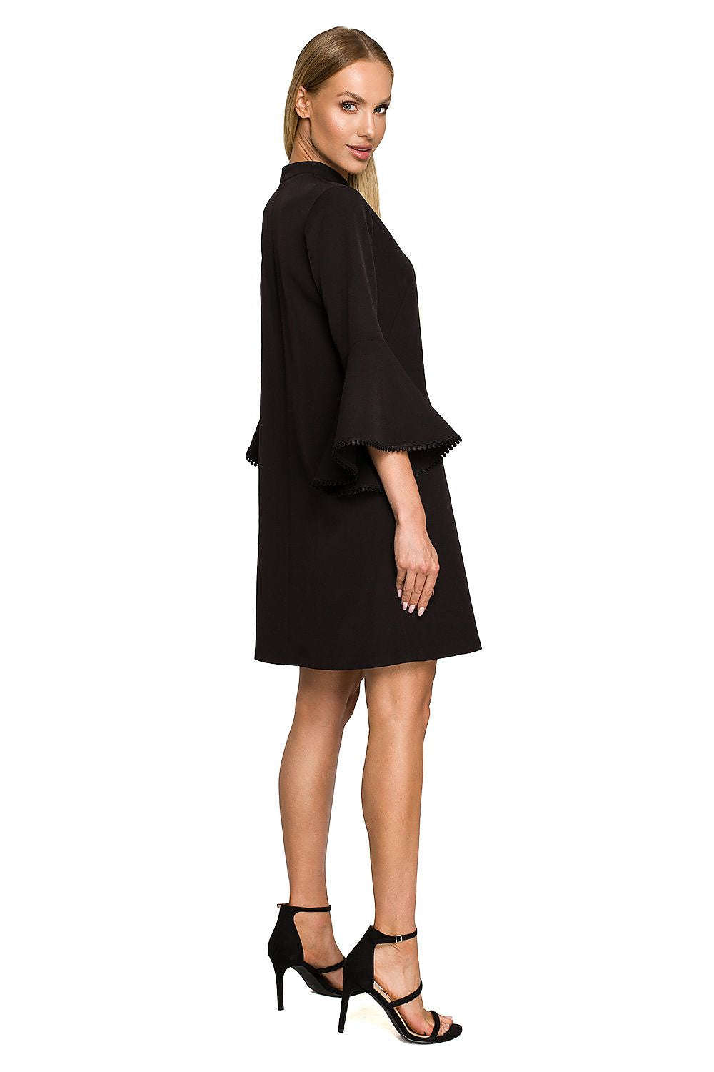 Moe Women's A-Line Daydress with Ruffled Sleeves and Ribbon Detail, featuring a model posing from the side, demonstrating the exquisite silhouette and unique design details of this sophisticated dress, available in sizes S to XXL.