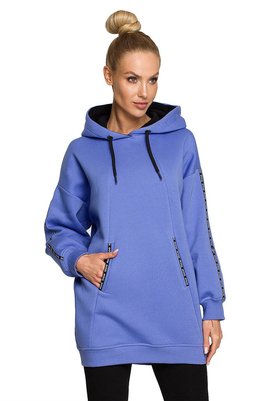 Moe Luxury Fleece-Lined Sweatshirt Tunic in serene blue, featuring a stylish hood and unique design, perfect for versatile styling as a dress or a longer top.