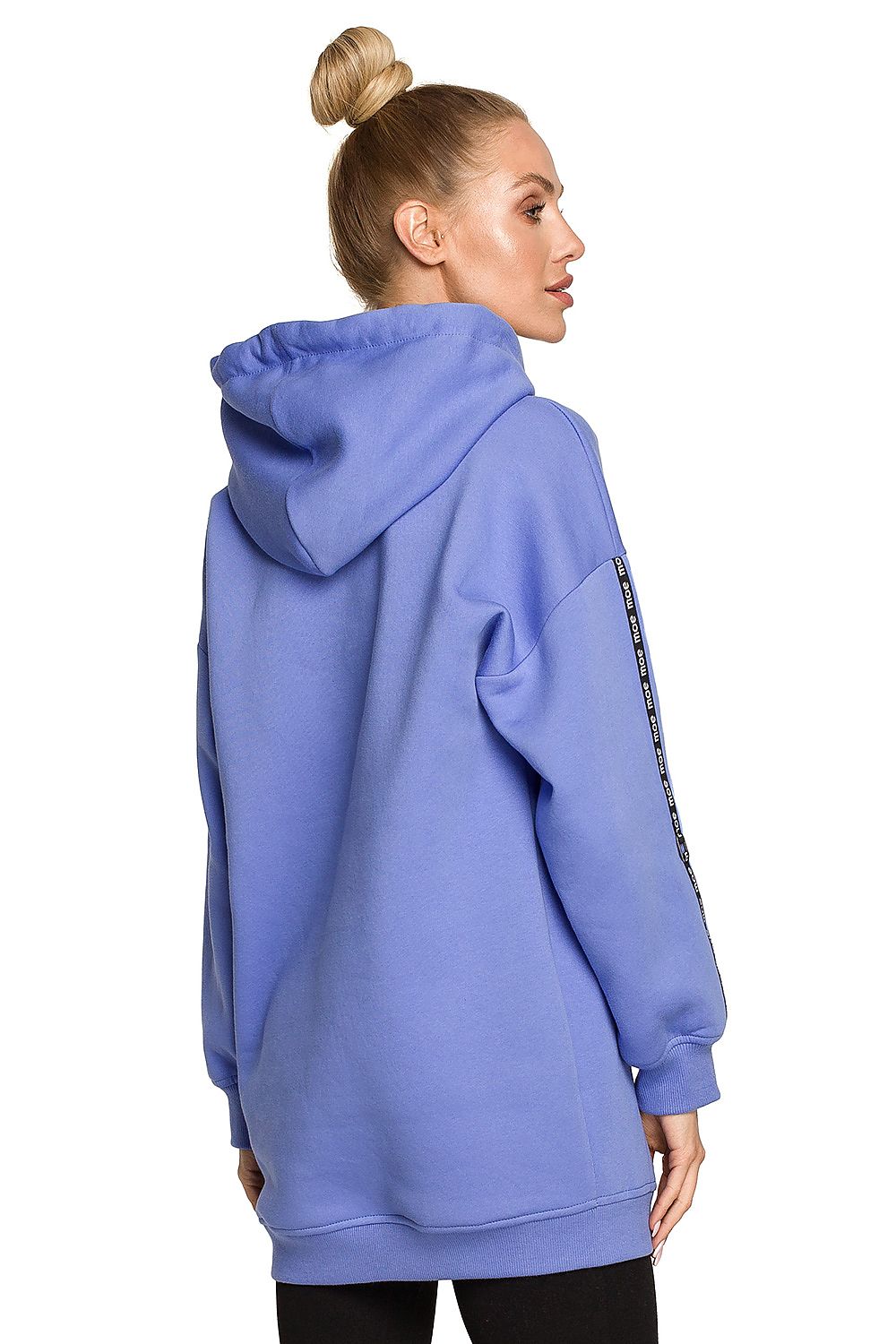 Back view of the Moe Luxury Fleece-Lined Sweatshirt Tunic in a cool blue shade, highlighting its relaxed fit and trendy design with a warm fleece lining.