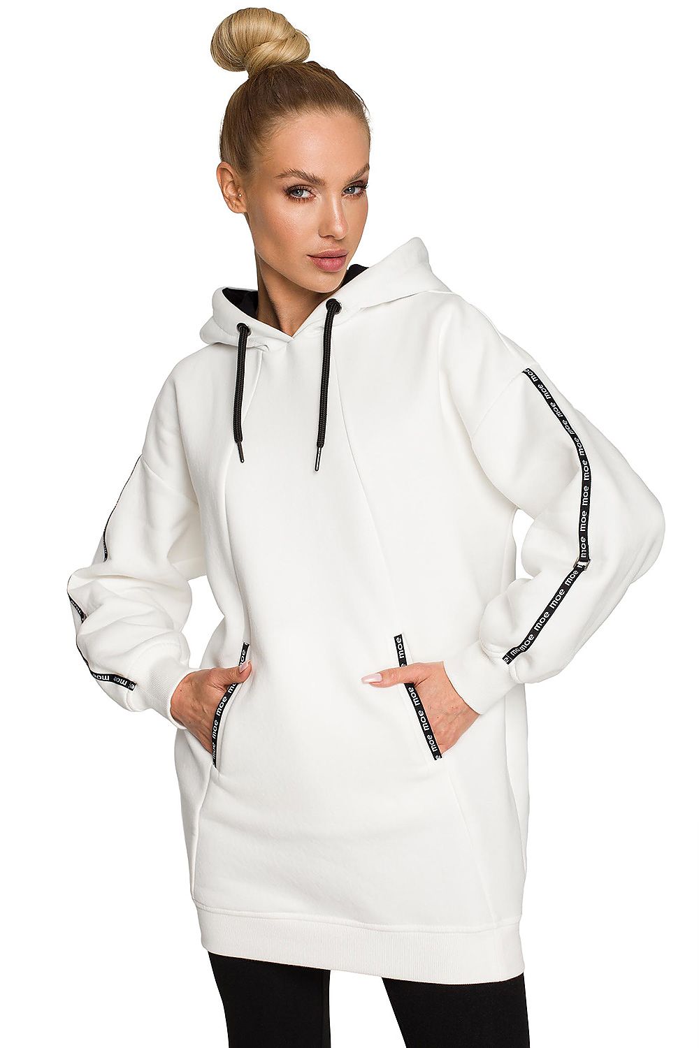 Chic Moe Luxury Fleece-Lined Sweatshirt Tunic in pristine white, featuring a modern hood and contrasting details, suitable for a luxurious yet comfortable outfit.
