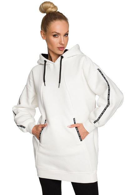 Chic Moe Luxury Fleece-Lined Sweatshirt Tunic in pristine white, featuring a modern hood and contrasting details, suitable for a luxurious yet comfortable outfit.