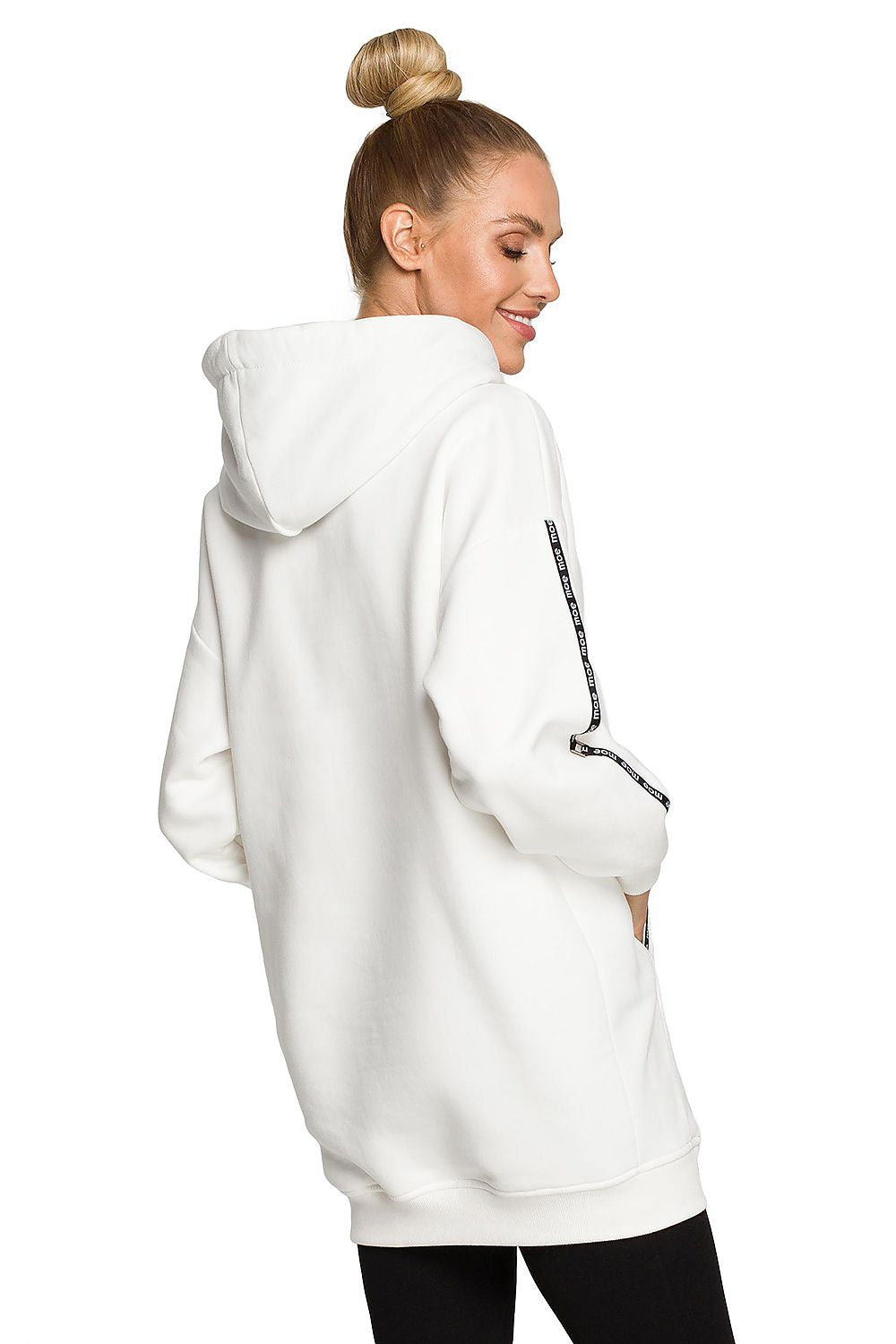 Moe Luxury Fleece-Lined Sweatshirt Tunic in white, showcasing a stylish design with a hood and logo detailing, perfect for a chic and comfortable look.