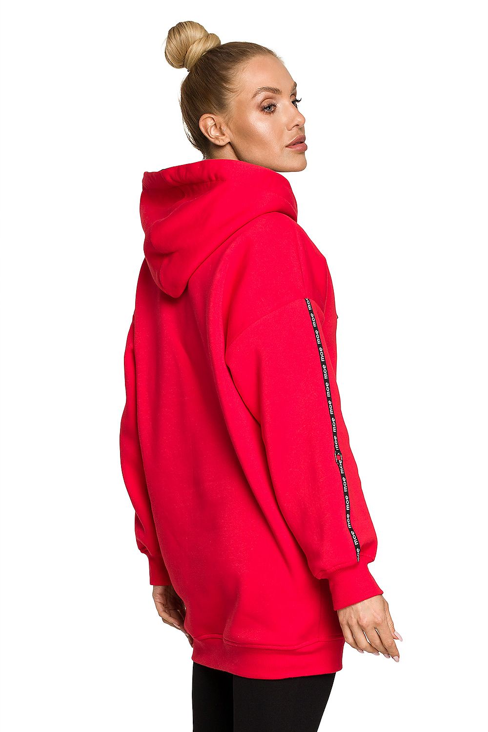 Moe Luxury Fleece-Lined Sweatshirt Tunic in red, highlighting the sophisticated hood design and branded detailing, exuding luxurious comfort.