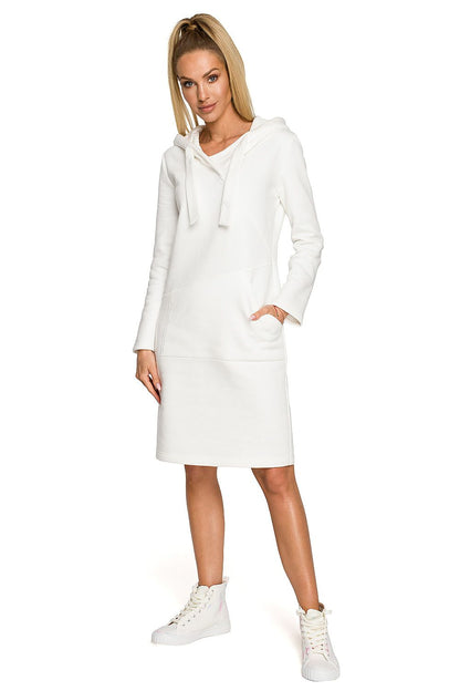 Luxury Fleece Lined Daydress With Hood And Kangaroo Pocket By Moe - Knee Length Comfort, with a model wearing a chic white variant of the dress, designed for comfort and style.