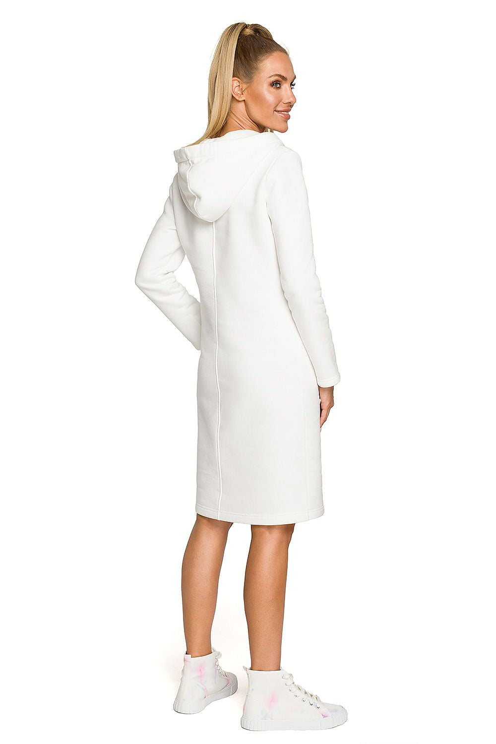 Luxury Fleece Lined Daydress with Hood and Kangaroo Pocket by Moe, showcased in white with a feminine design and knee length, perfect for stylish comfort.