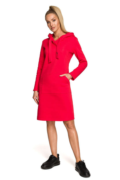 Luxury Fleece Lined Daydress with Hood and Kangaroo Pocket by Moe, in vibrant red, epitomising chic warmth and contemporary fashion with its practical features.
