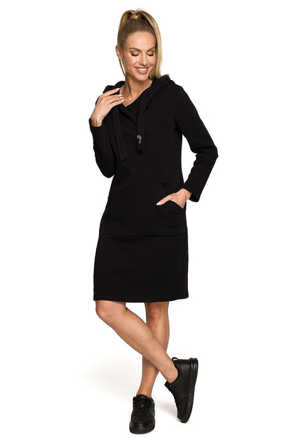 Luxury Fleece Lined Daydress with Hood and Kangaroo Pocket by Moe, displayed in classic black, blending sophistication with comfort for a stylish look.