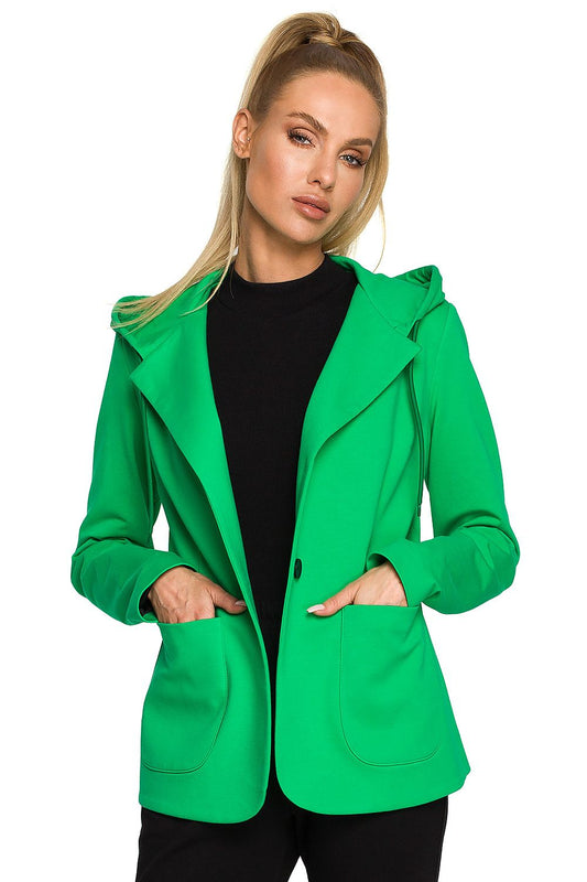 Moe Luxe Knitted Fabric Jacket with Hood and Pockets in vibrant green, showcasing a stylish design featuring a single button closure and convenient front pockets, perfect for a sophisticated yet casual look.
