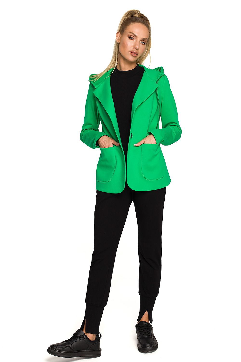 Moe Luxe Knitted Fabric Jacket with Hood and Pockets in striking green, elegantly highlighted with a tailored fit and a relaxed hood, paired with versatile black trousers for a chic ensemble.