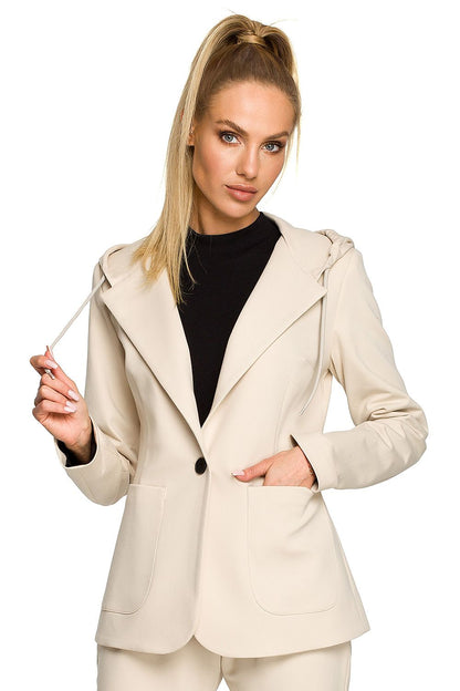 Sophisticated Moe Luxe Knitted Fabric Jacket with Hood and Pockets in a luxurious beige shade, ideal for versatile outfits.