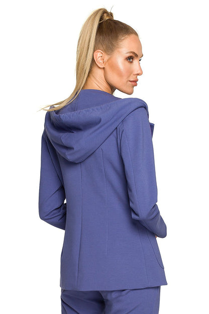 Back view of the Moe Luxe Knitted Fabric Jacket with Hood and Pockets in blue, highlighting the stylish hood detail and tailored design.