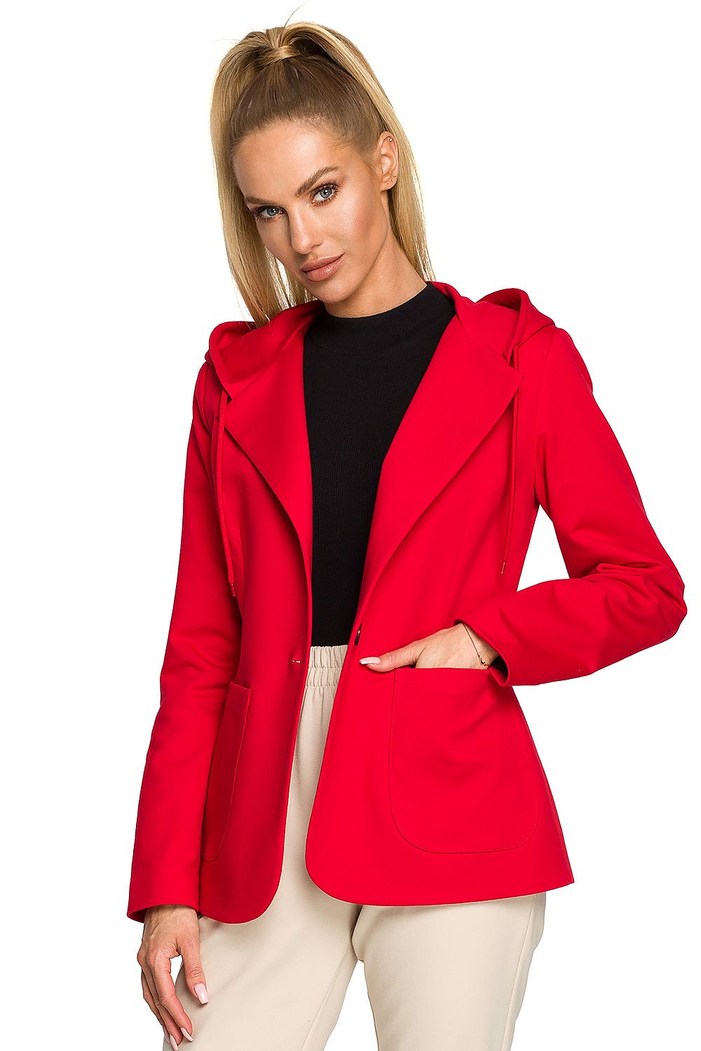 Moe Luxe Knitted Fabric Jacket with Hood and Pockets displayed in striking red, perfectly paired with black and beige attire, showcasing its sophisticated style.