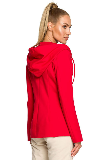 Back profile of the Moe Luxe Knitted Fabric Jacket with Hood and Pockets in red, featuring a chic hood and tailored silhouette, ideal for a luxurious wardrobe.
