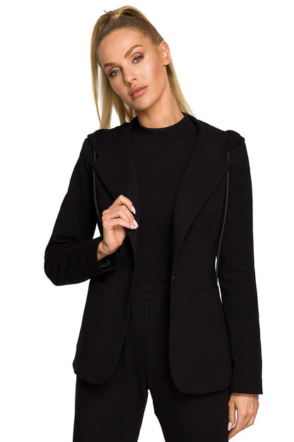 Moe Luxe Knitted Fabric Jacket with Hood and Pockets, showcased by a model in a black ensemble, highlighting its elegant design and premium cotton-spandex blend.