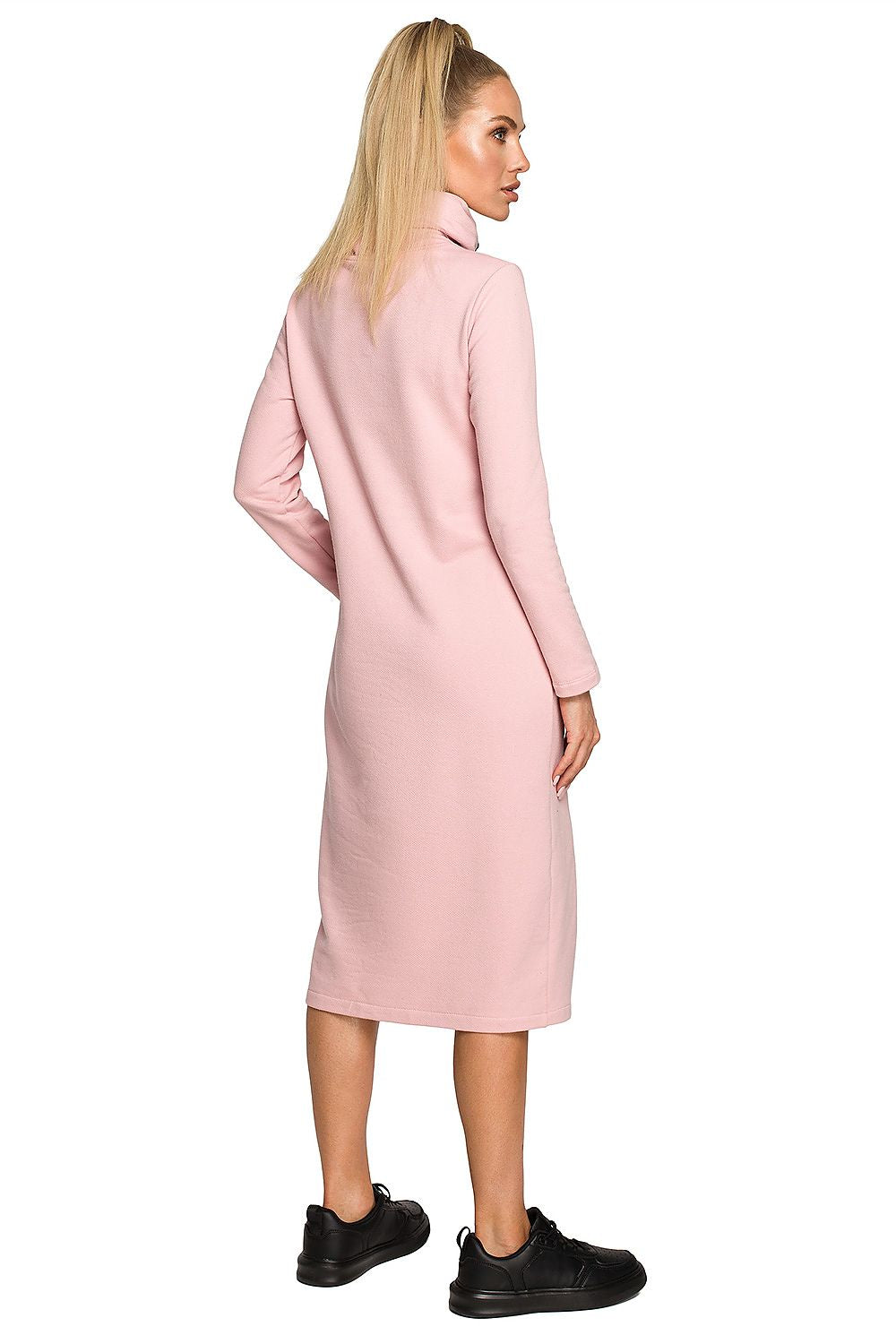 Back view of the Moe Daydress: Elegant Midi Dress with Unique Weave and Comfortable Knit Fabric, showcasing a flattering silhouette in soft pink, ideal for all-day comfort and style.