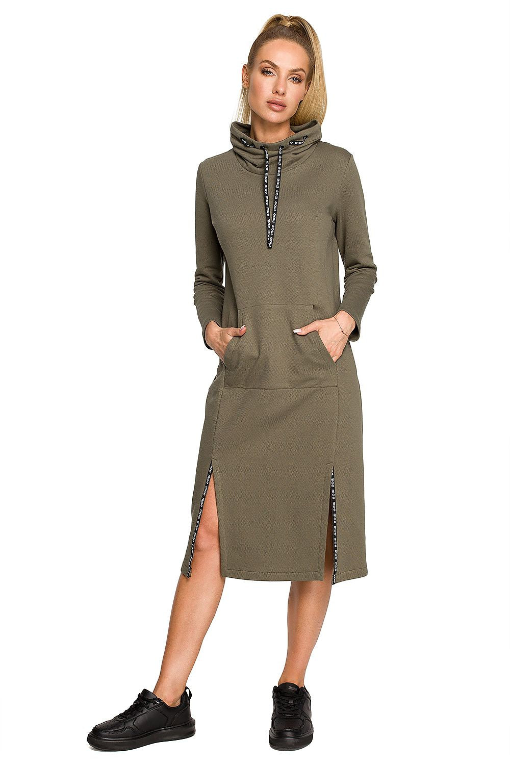 Moe Daydress: Elegant Midi Dress with Unique Weave and Comfortable Knit Fabric, displayed in a sophisticated olive green, complemented by an artistic high collar and convenient side pockets.