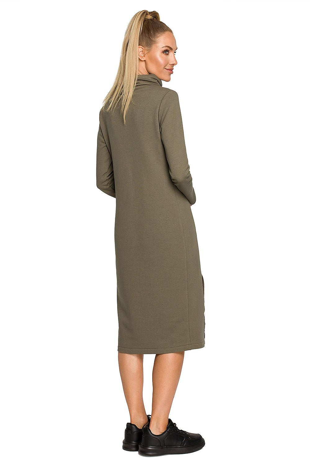 Back view of the Moe Daydress: Elegant Midi Dress with Unique Weave and Comfortable Knit Fabric in olive green, highlighting its sleek design and tailored fit, made for effortless elegance.