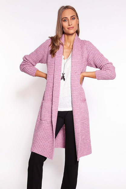 Elegant MKM Waffle Textured Cardigan With Shawl Collar And Practical Pockets - Knee-Length Design, presented on a model in a vibrant pink tone, demonstrating its stylish design paired with a casual ensemble.