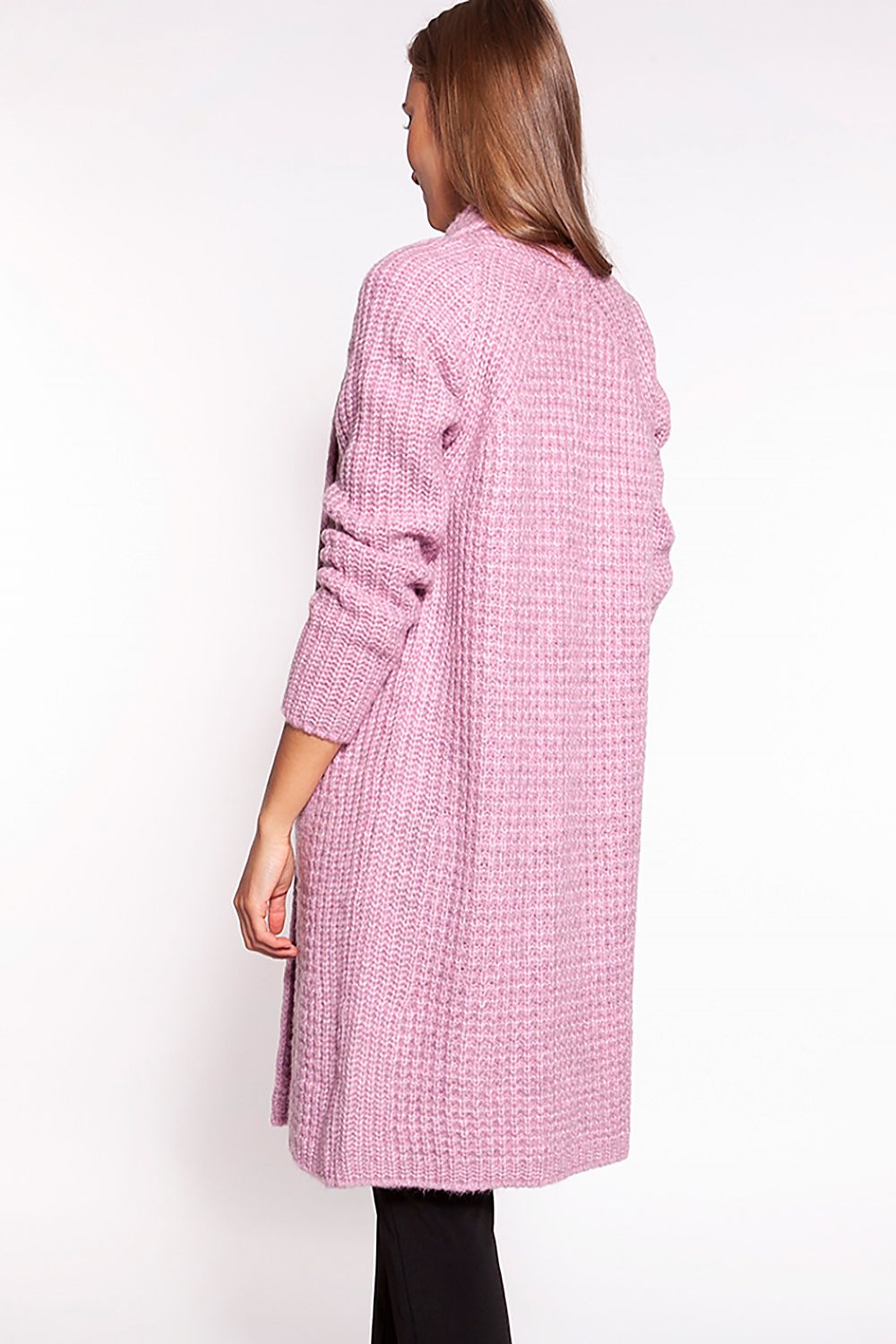 Elegant MKM Waffle Textured Cardigan With Shawl Collar And Practical Pockets - Knee-Length Design, featuring a back view on a model to highlight the elegant flow and rich texture of the cardigan.