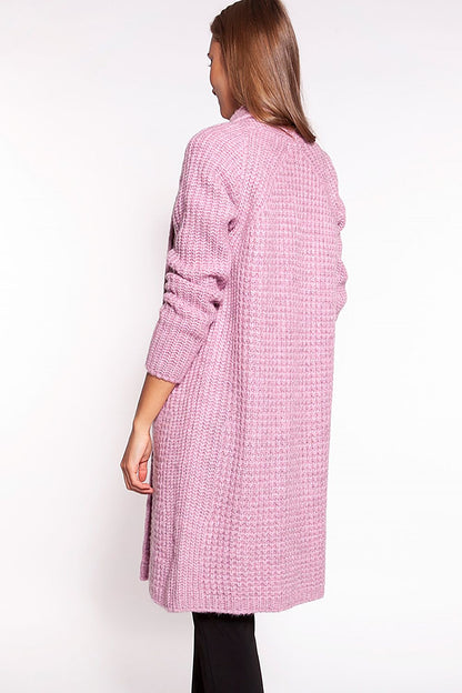 Elegant MKM Waffle Textured Cardigan With Shawl Collar And Practical Pockets - Knee-Length Design, featuring a back view on a model to highlight the elegant flow and rich texture of the cardigan.