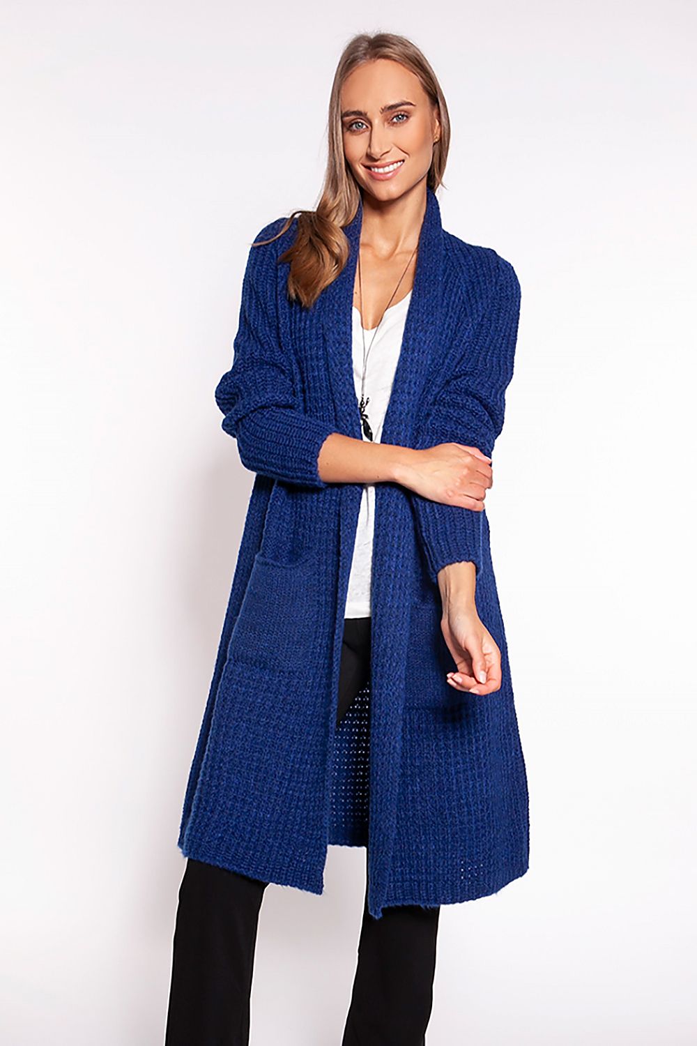 Elegant MKM Waffle Textured Cardigan With Shawl Collar And Practical Pockets - Knee-Length Design, showcased by a model wearing a blue cardigan with a shawl collar and pockets.