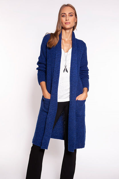 Elegant MKM Waffle Textured Cardigan With Shawl Collar And Practical Pockets - Knee-Length Design, featuring a model styled in a luxurious blue cardigan with a comfortable shawl collar and practical pockets.