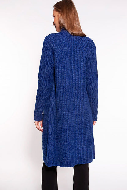 Elegant MKM Waffle Textured Cardigan With Shawl Collar And Practical Pockets - Knee-Length Design, displayed from the back to highlight the textured design of the blue cardigan.