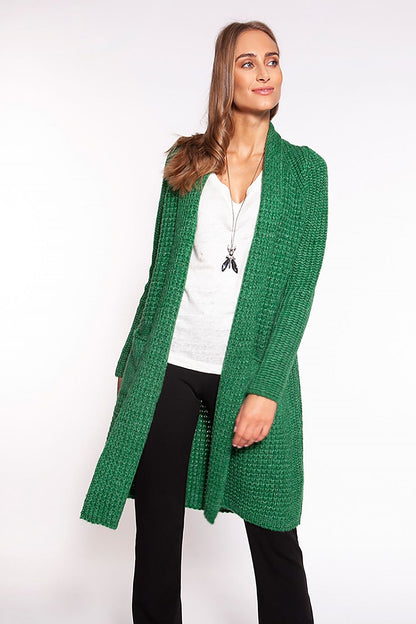 Elegant MKM Waffle Textured Cardigan With Shawl Collar And Practical Pockets - Knee-Length Design, model exuding elegance in a vibrant green cardigan with a chic shawl collar and practical pockets.