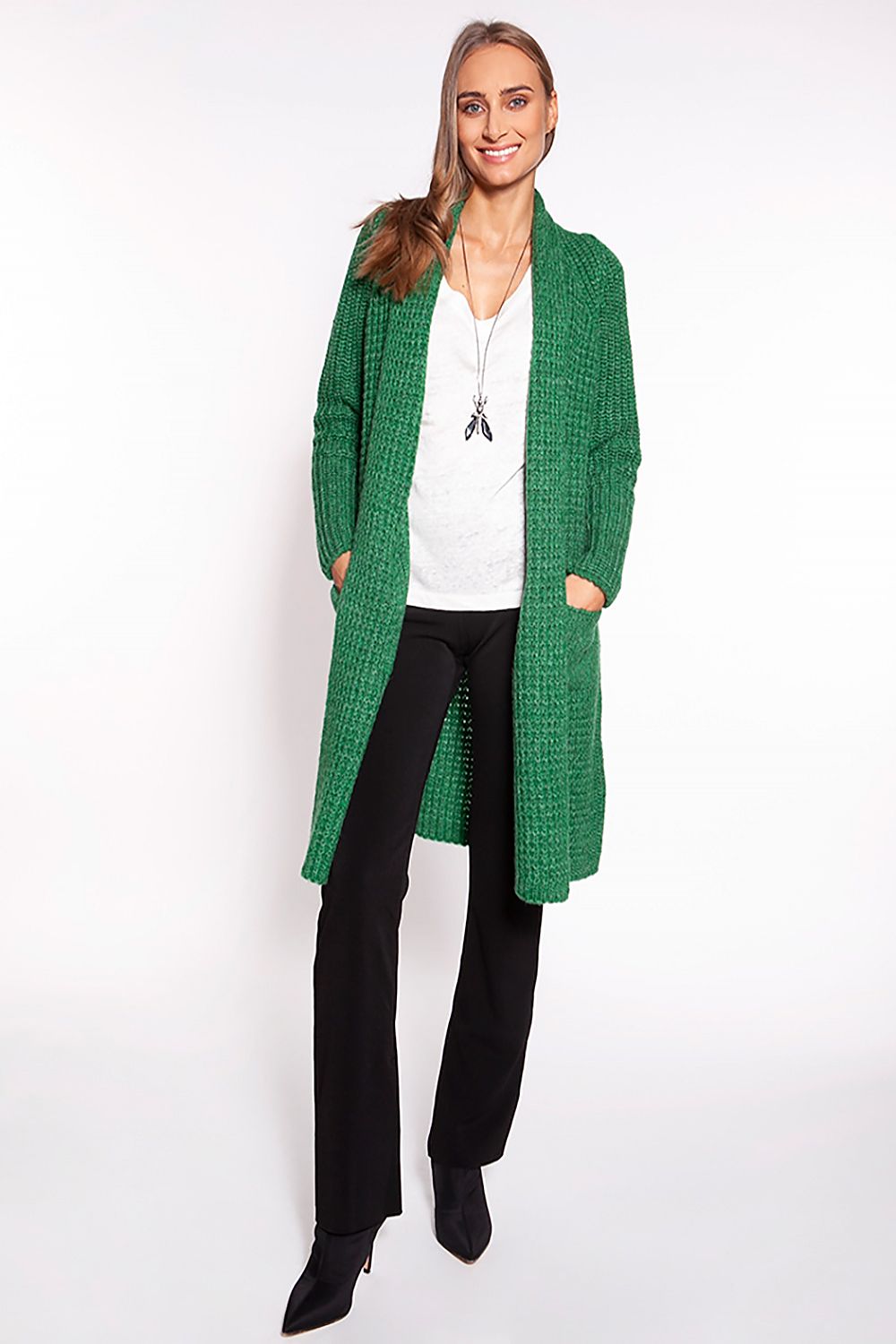 Elegant MKM Waffle Textured Cardigan With Shawl Collar And Practical Pockets - Knee-Length Design, featuring a model in a stunning green cardigan with a shawl collar and stylish pockets.