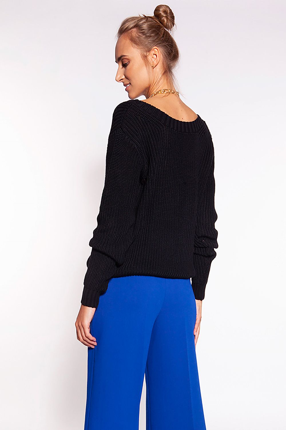 Luxurious Minimalist Ribbed Knit Jumper with Deep Heart Neckline by MKM, featuring a stylish back view in black, perfect for a sophisticated yet comfortable outfit.