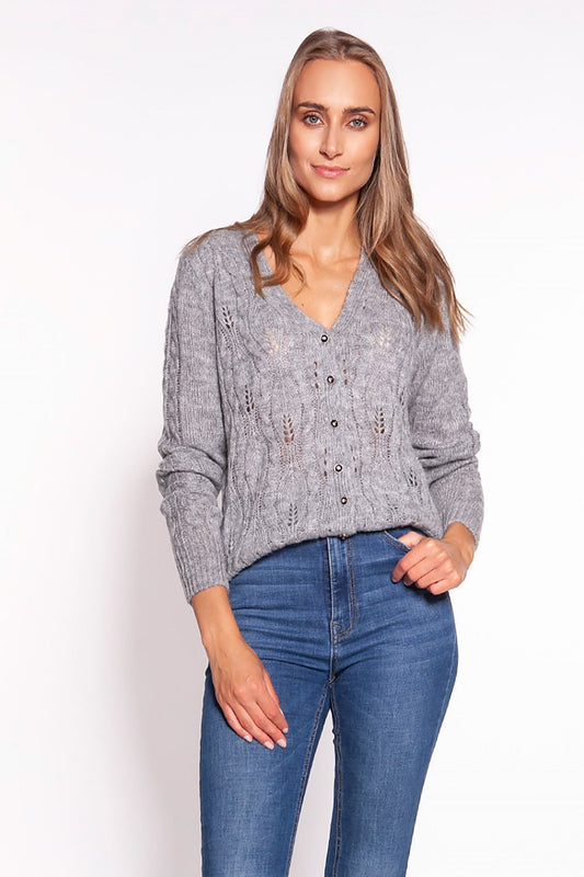 Elegant MKM Unbuttoned Cardigan with Deep V-Neck and Intricate Openwork Design, featuring a model posing in a stylish grey cardigan, showcasing its luxurious texture and design details.