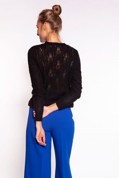 Sophisticated rear view of the Elegant MKM Unbuttoned Cardigan with Deep V-Neck and Intricate Openwork Design, showcasing delicate details in a sleek black finish.