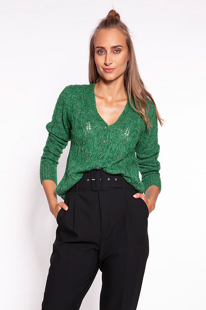 Chic front view of the Elegant MKM Unbuttoned Cardigan with Deep V-Neck and Intricate Openwork Design in vibrant green, exuding elegance and style.