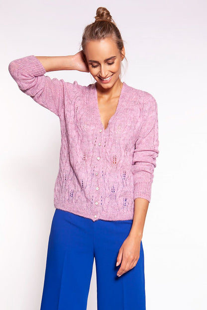 Elegant front view of the MKM Unbuttoned Cardigan with Deep V-Neck and Intricate Openwork Design in a soft pink shade, perfectly complementing luxurious attire.