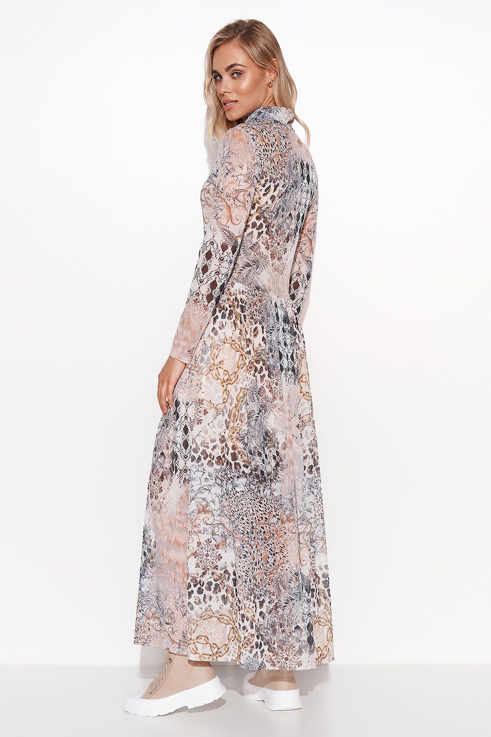 Elegant Makadamia maxi dress featuring a turtleneck and mesh long sleeves, perfect for a luxurious feminine look.