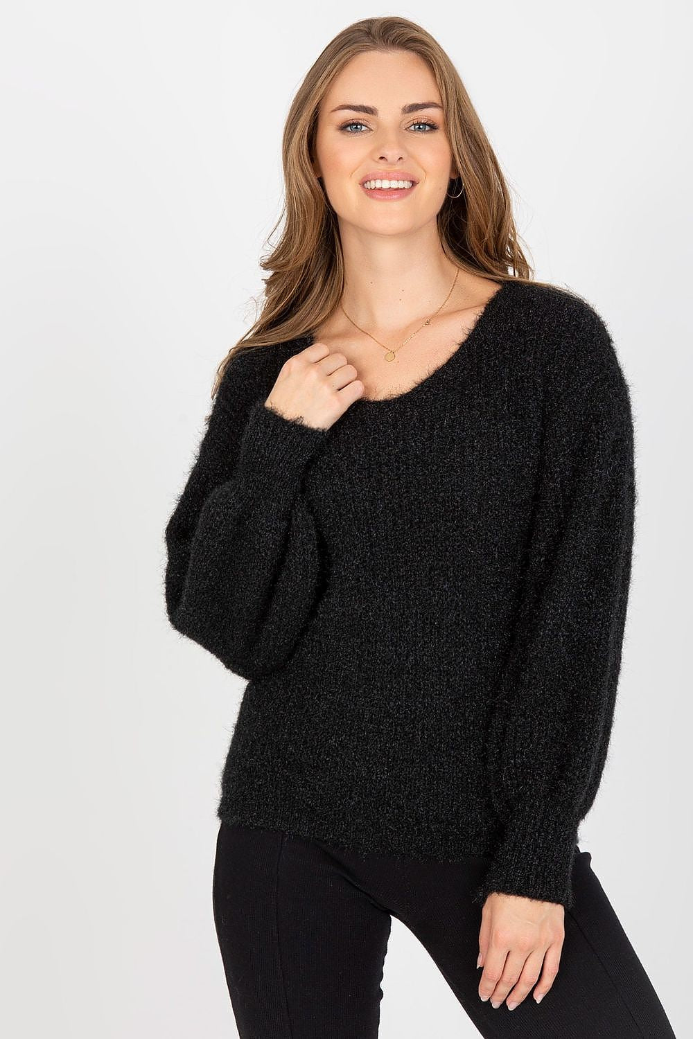 Chic Women's Heart Neckline Jumper by Och Bella - Long Sleeve Wool Blend Sweater, showcasing a model in a black knit sweater with a flattering neckline and volumetric sleeves tucked elegantly.