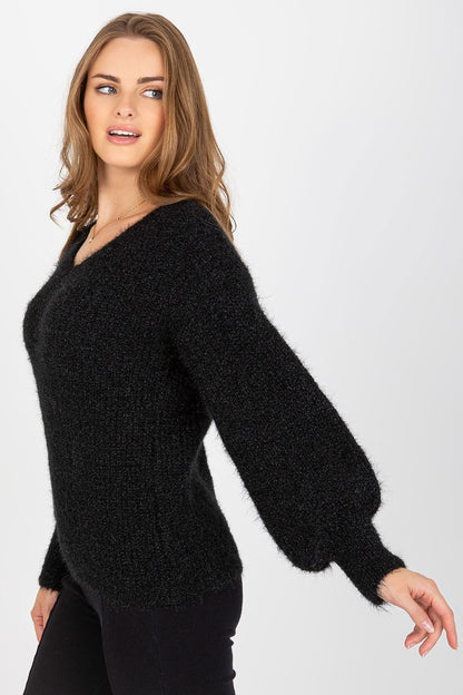 Chic Women's Heart Neckline Jumper by Och Bella - Long Sleeve Wool Blend Sweater, highlighting a chic black sweater with distinctive puff sleeves, worn by a model exuding sophistication.