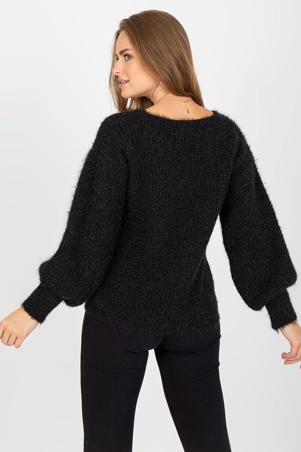 Chic Women's Heart Neckline Jumper by Och Bella - Long Sleeve Wool Blend Sweater, featuring a model wearing a sophisticated black jumper with stylish balloon sleeves and elegant neckline.