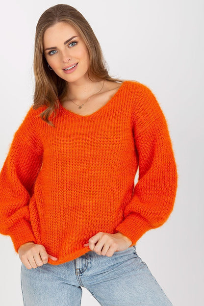 Chic Women's Heart Neckline Jumper by Och Bella in vibrant orange, featuring a stylish long sleeve design, elegantly worn by a model with soft waves in her hair against a neutral background.