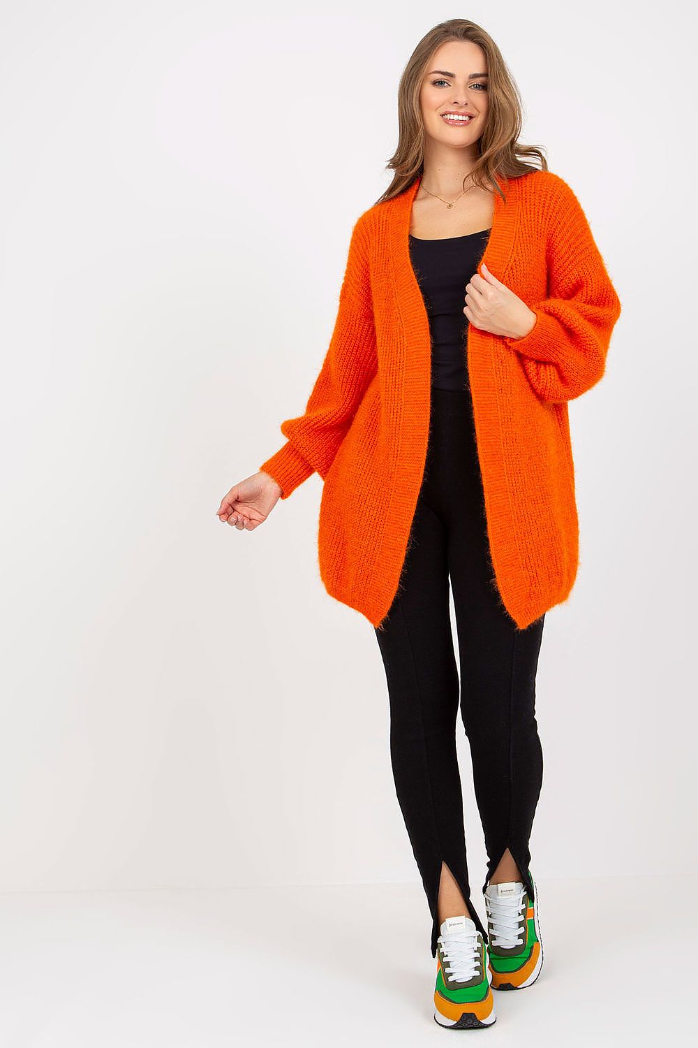 Fluffy Unbuttoned Long Sleeve Cardigan by Och Bella in vibrant orange, styled with black leggings and colourful sneakers, showcasing a luxurious blend of wool, acrylic, and mohair, perfect for chic layering.