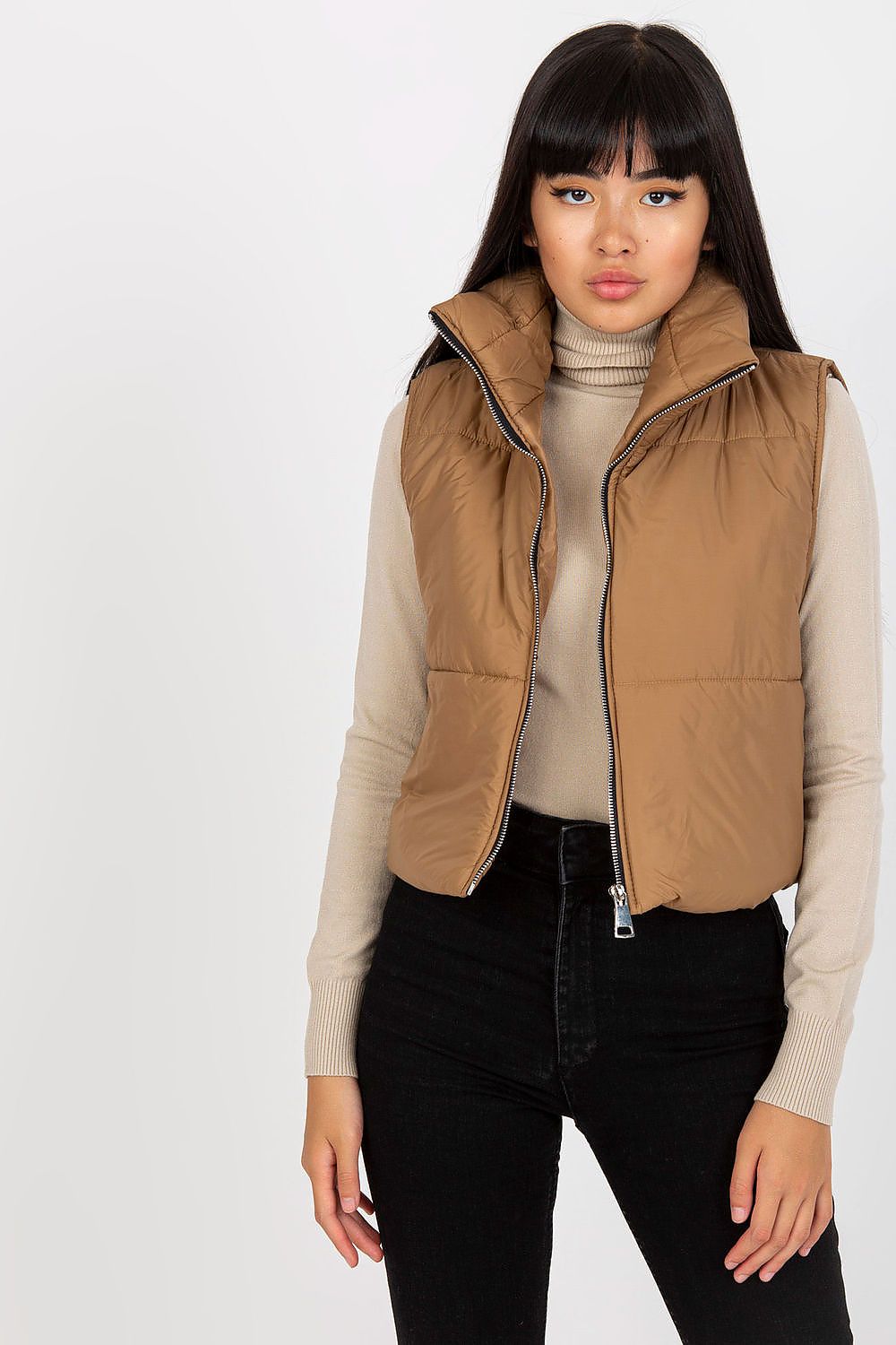 Och Bella Women's Insulated Quilted Vest - Short Zippered Nylon Gilet showcased elegantly on a model, featuring a stylish brown colour and sophisticated quilted design for a luxury look.