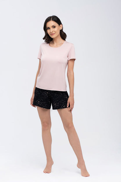 Elegant Babella Comfortable 2-Piece Pajama Set featuring a short sleeve T-shirt in soft pink and stylish printed black shorts, perfect for a luxurious night in.