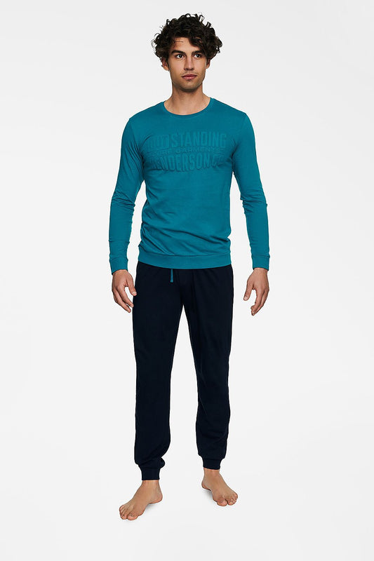 Luxury Men's Cotton Pyjamas Set featuring a long-sleeved teal sweatshirt with embossed lettering and comfortable navy pants, designed by Henderson for ultimate relaxation.