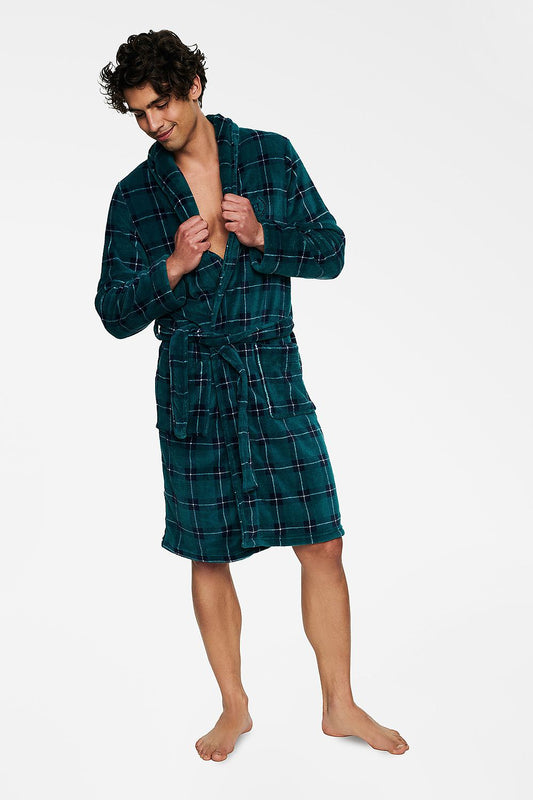 Luxury Henderson Men's Bathrobe with Tie Belt, featuring a soft comfortable fabric and slip pockets, showcased by a model in a stylish plaid design.