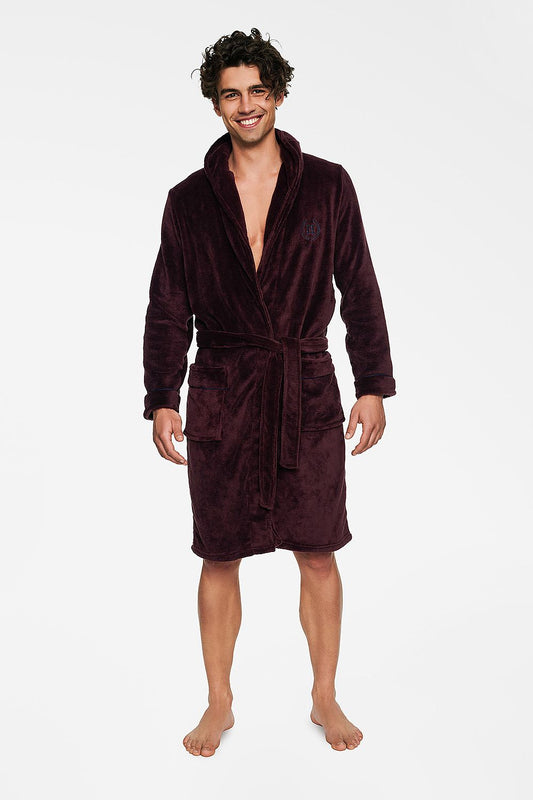 Luxury Henderson Men's Bathrobe in deep burgundy, showcasing a comfortable soft fabric design featuring a tie belt and convenient pockets, perfect for relaxation and elegance.