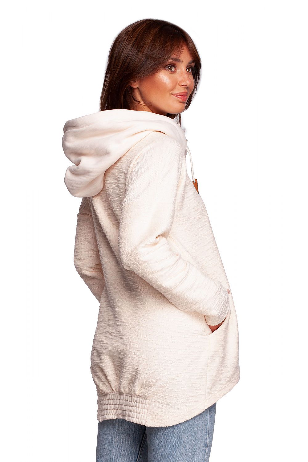 BeWear Oversized Cotton Blend Hooded Sweatshirt Tunic for Comfortable Cold Weather, captured from a side angle highlighting the back of the garment with its chic hood, perfect for effortless luxury.